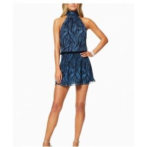 Ramy Brook Blue Black‎ Zebra Print Halter Neck Smocked Waist Dress Women's M